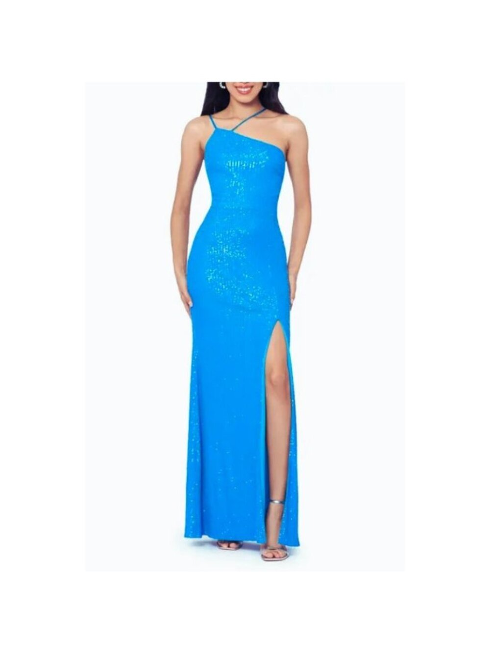 NWT Xscape Womens Blue Sequined Sparkle Asymmetric Neck High-Slit Gown Size 12